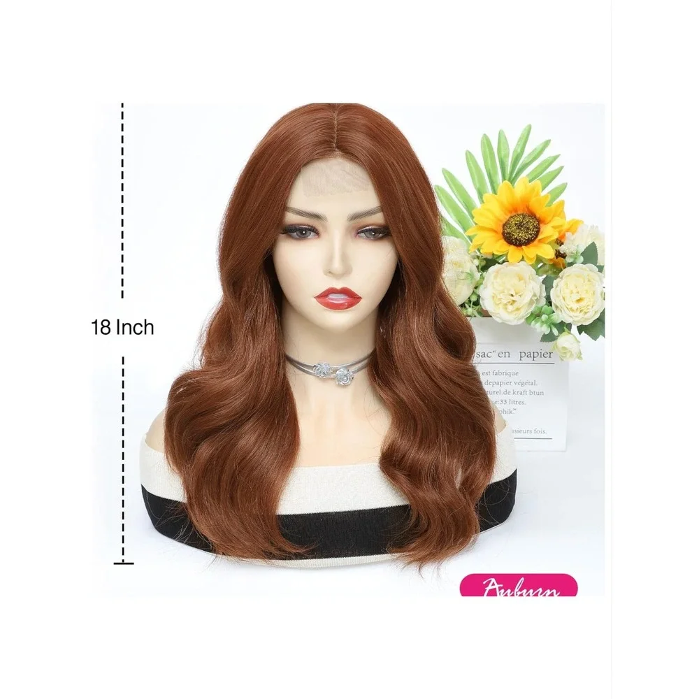 Auburn Medium Length Wavy Wig 18 In Middle Part Synthetic Hair Natural Hairline